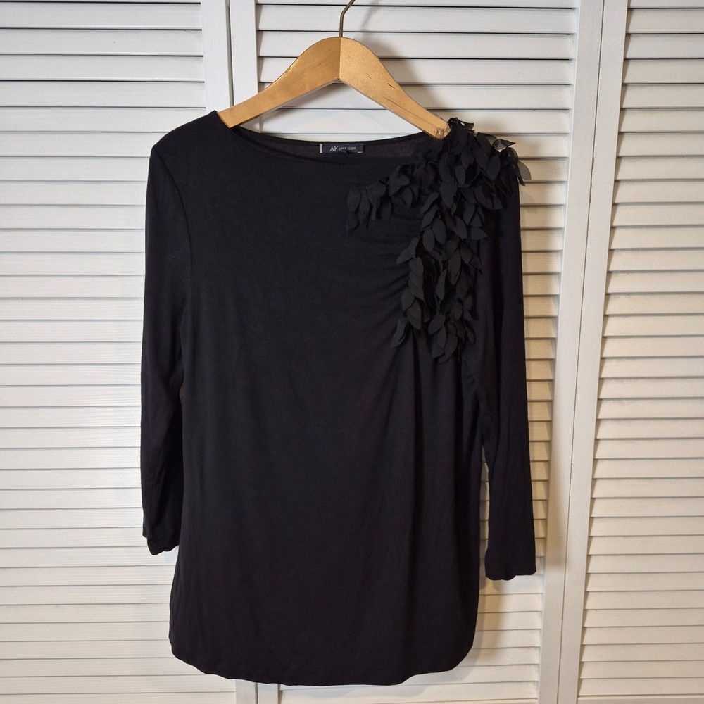Anne Klein Black Leaf Applique Long Sleeve Top Blouse Womens L Boat Neck Classic